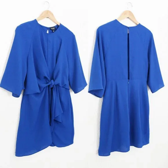 Topshop Dress Wide Half Sleeves Knot Tie Front Cobalt Royal Blue Mini Dress US 8 - Picture 6 of 16